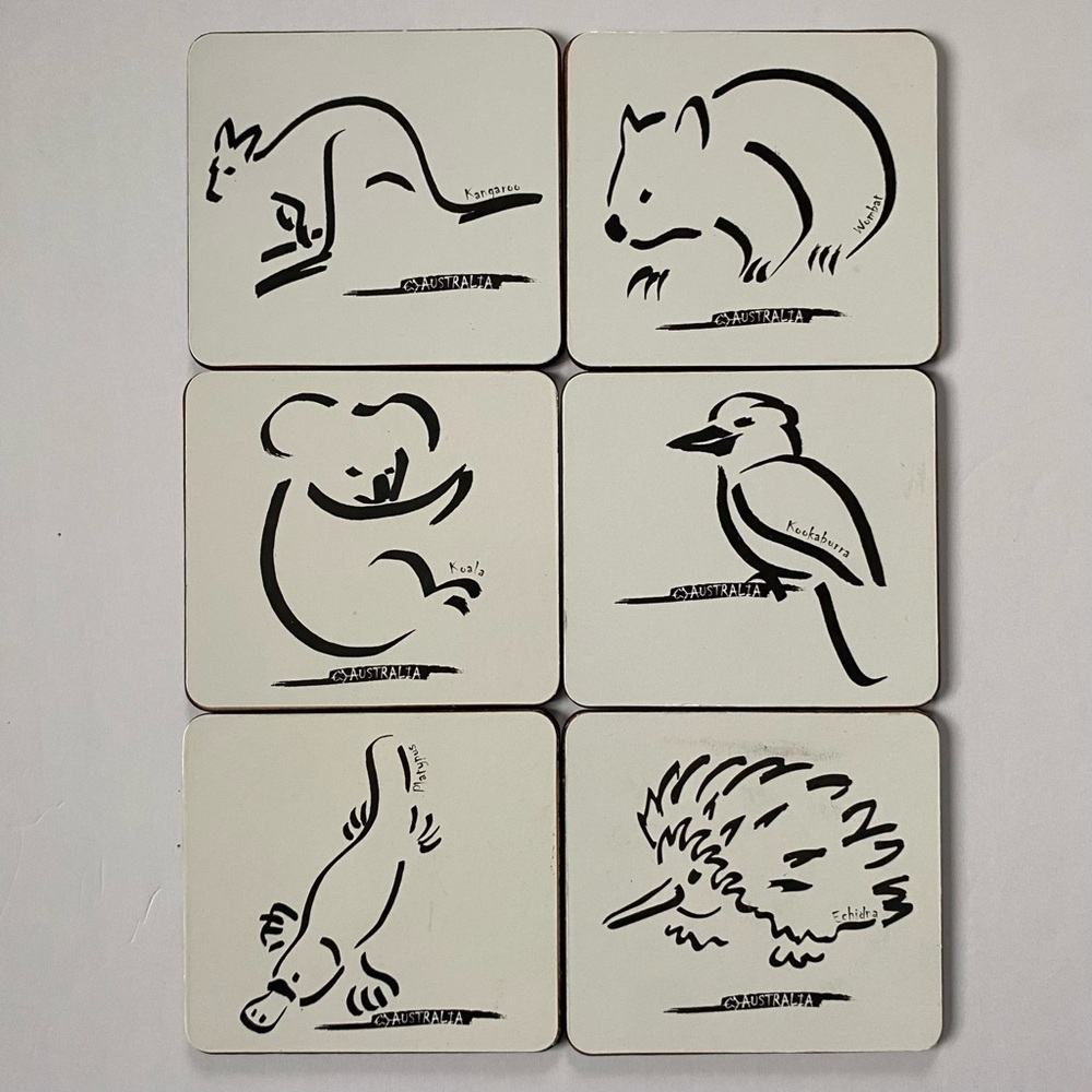 Australian Animal Coasters set of 6 cork Backs Drinks Bar In Box 4” Aussieblue